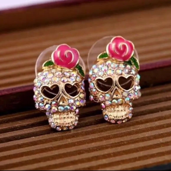 New! Sugar Skull Rhinestone Earrings - Picture 4 of 12